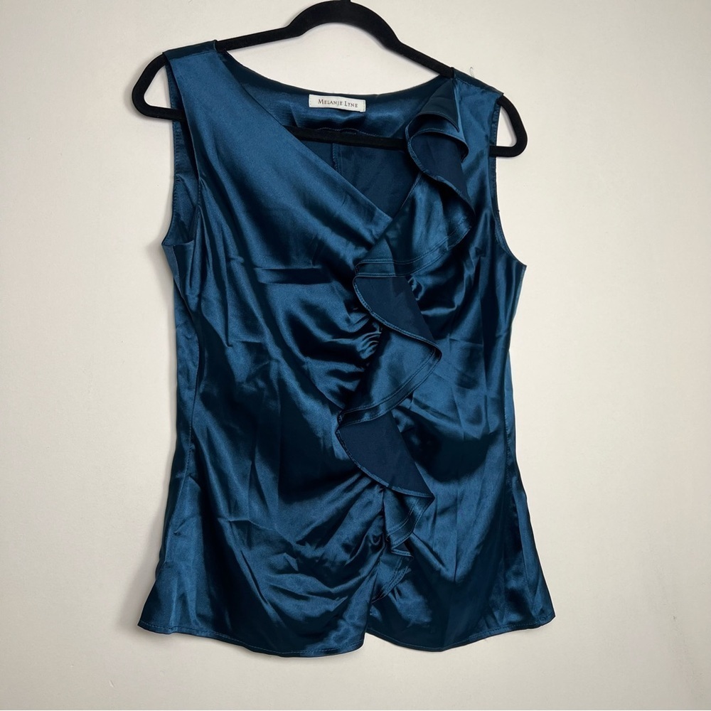 Melanie Lyne Teal Satin Ruffle Sleeveless Blouse size medium.